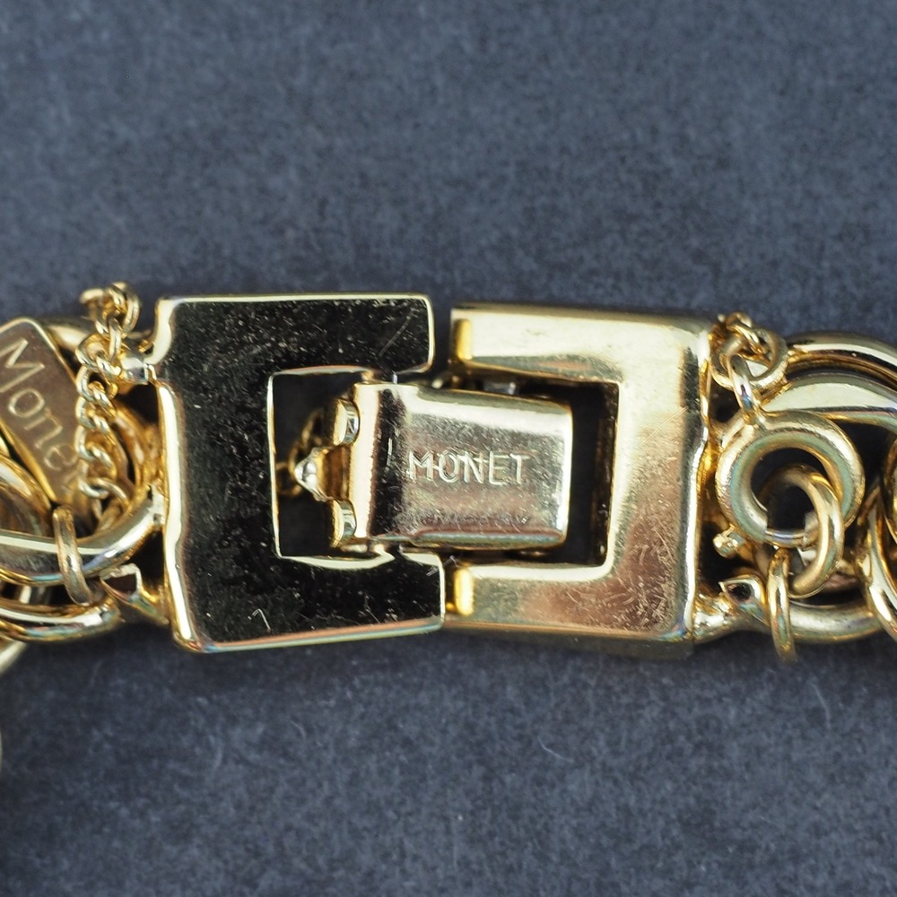 Monet Charm Bracelet Gold Tone Double Link Safety Chain Airplane Birthday VTG - Picture 2 of 7